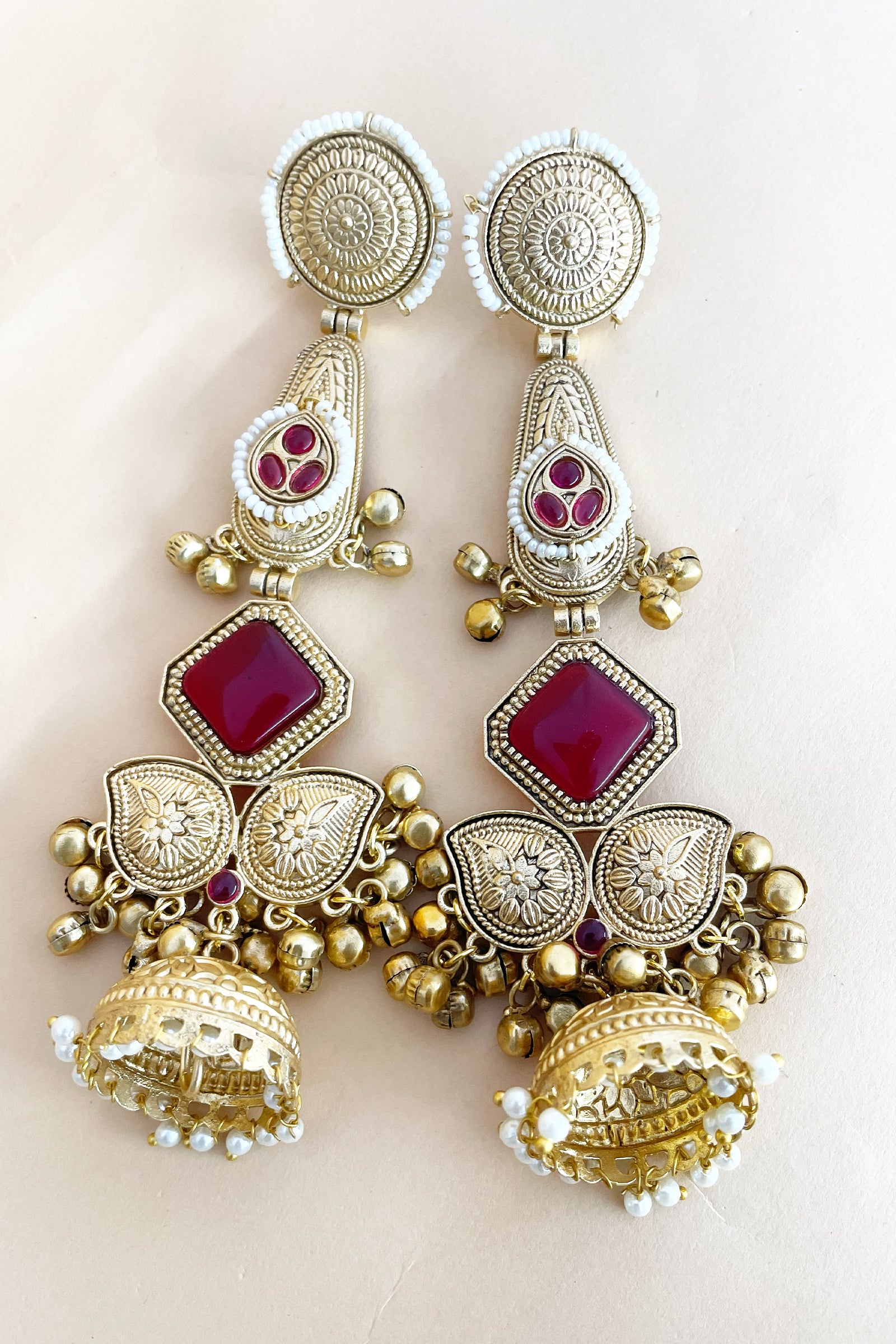 Red Stone Jhumka Earrings with Multi-Layer Pearl Chains