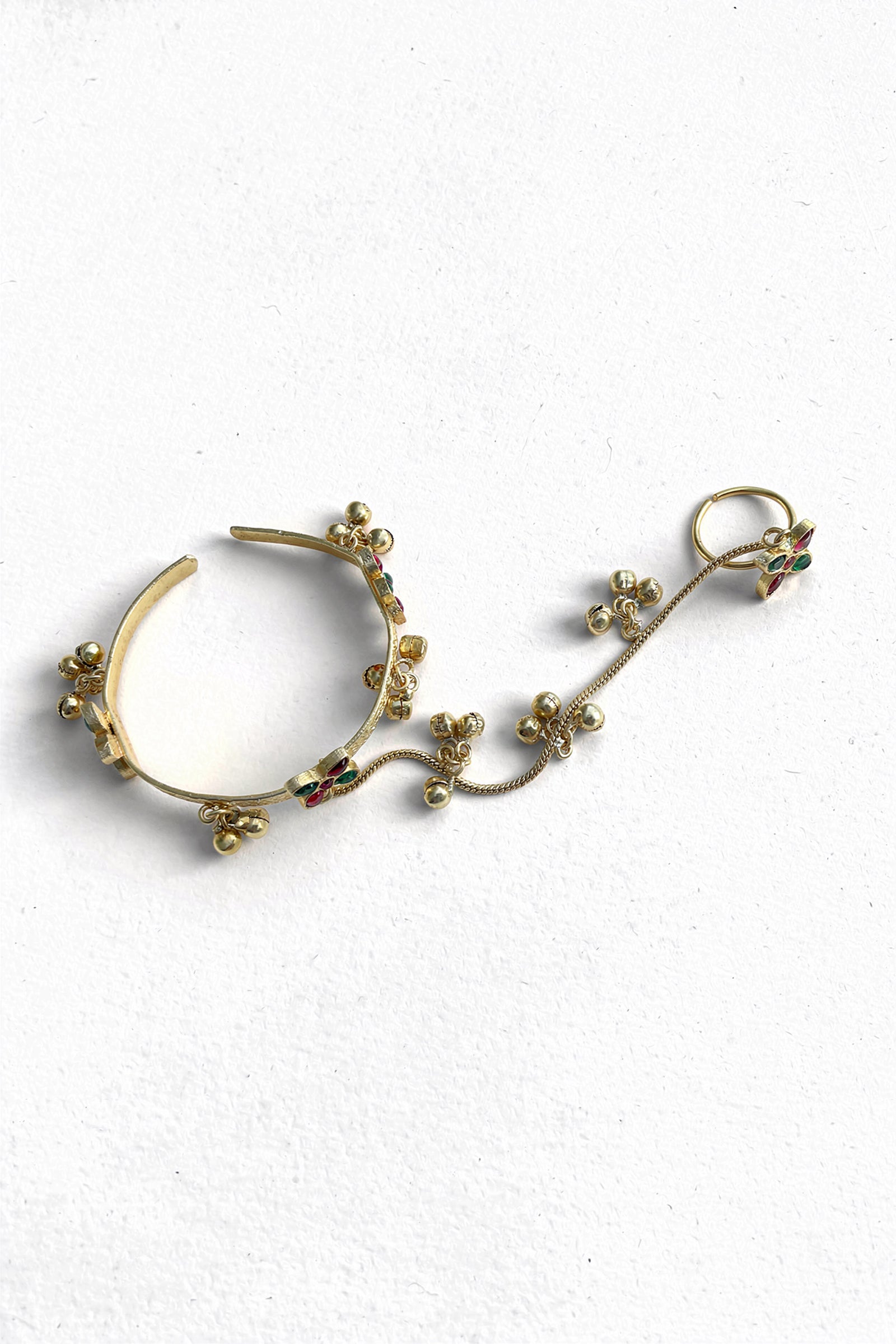 Royal Red & Green Stone Golden Hathphool Bracelet with Ring