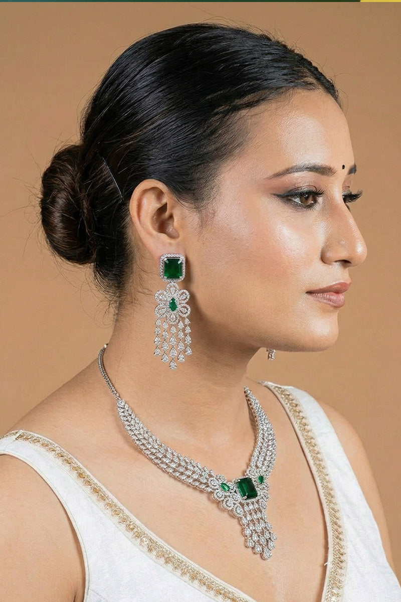 Green Silver Tone American Diamond Necklace Set with Floral Motif
