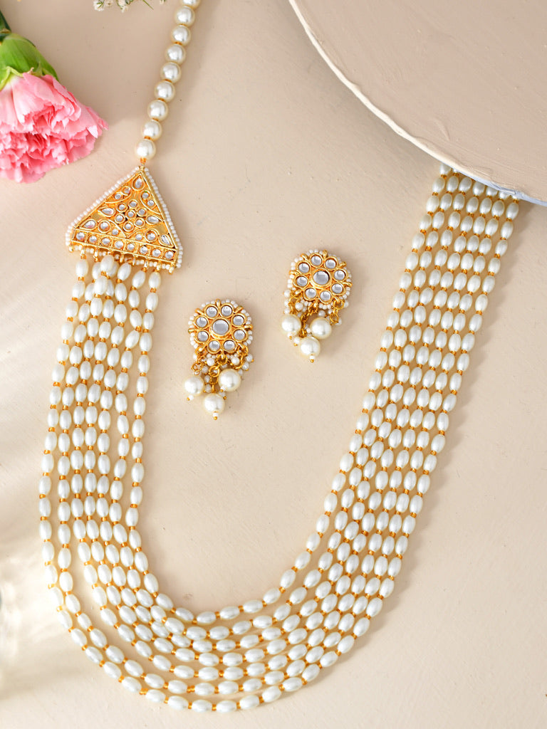 Stunning Gold Finish Pearl Long Side Locket Haar Jewellery