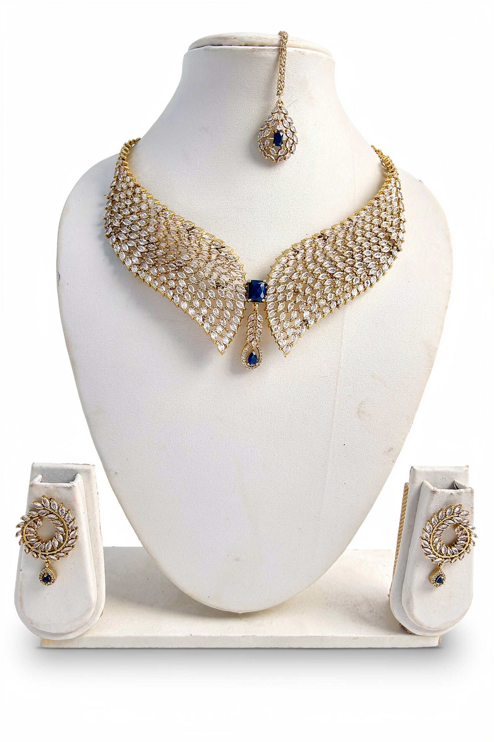 Gold Curved Diamond Collar Necklace with Midnight Blue Center Stone & Matching Stud Earrings