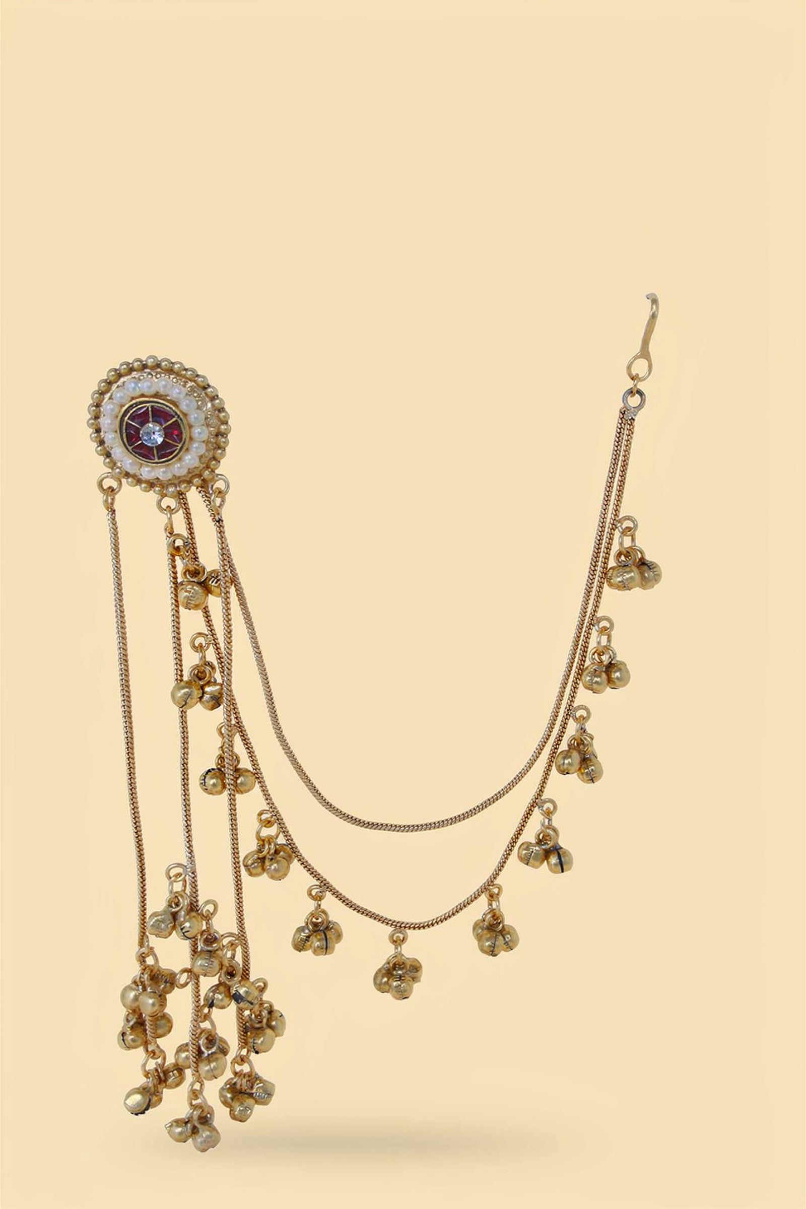 Gold-Tone Temple Earrings with Pearl Drops & Goddess Motif