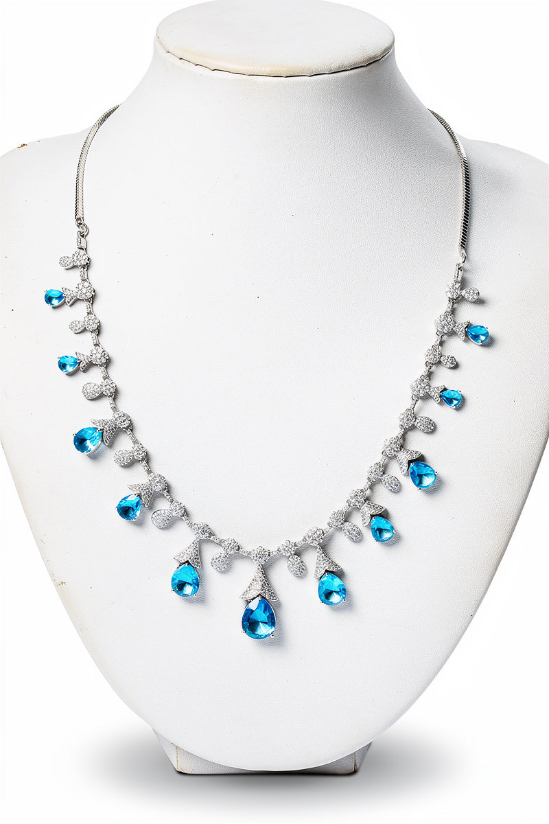 Sky Blue Teardrop Stone Necklace Set with Floral Diamond-Studded Detailing