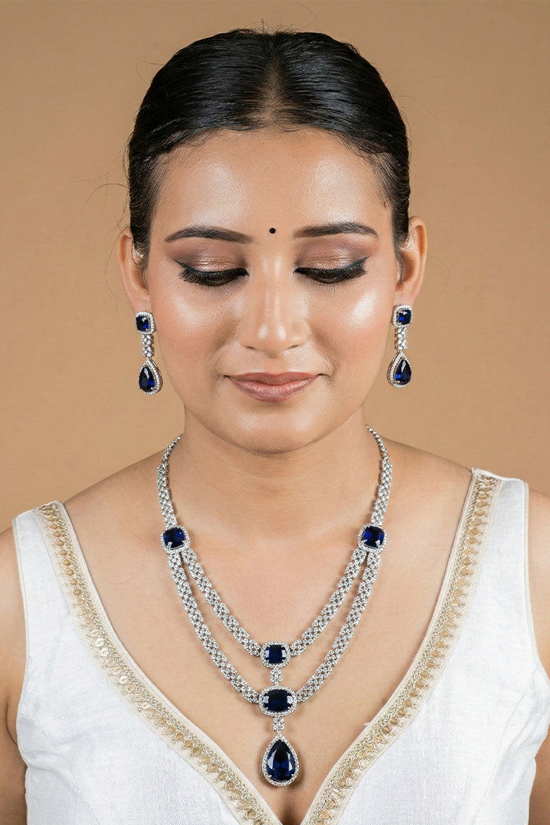 Sapphire Oval-Cut Necklace Set with American Diamond Detailing