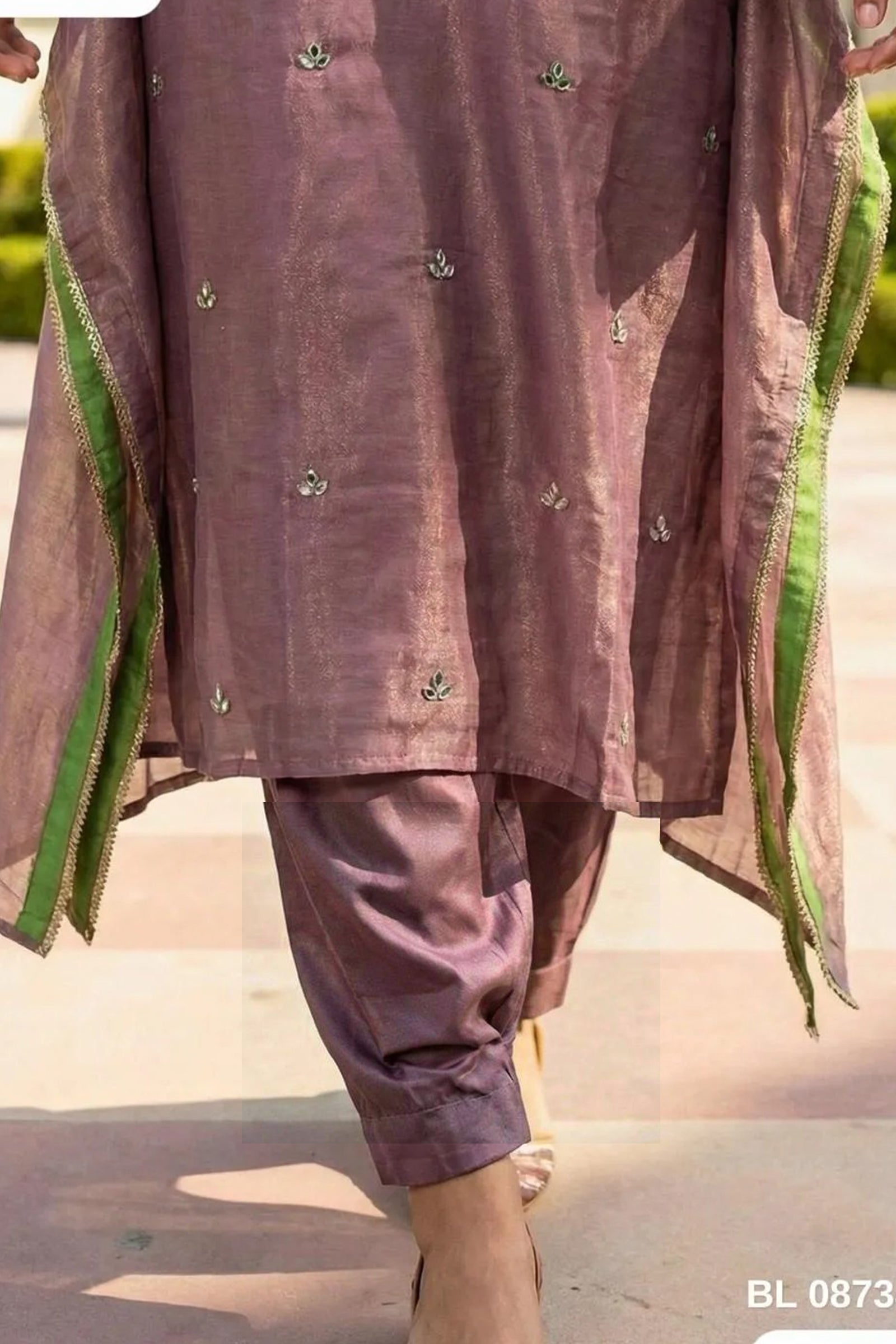 Mauve Organza Silk Kaftan Kurta with Straight Pant and Mirror Work