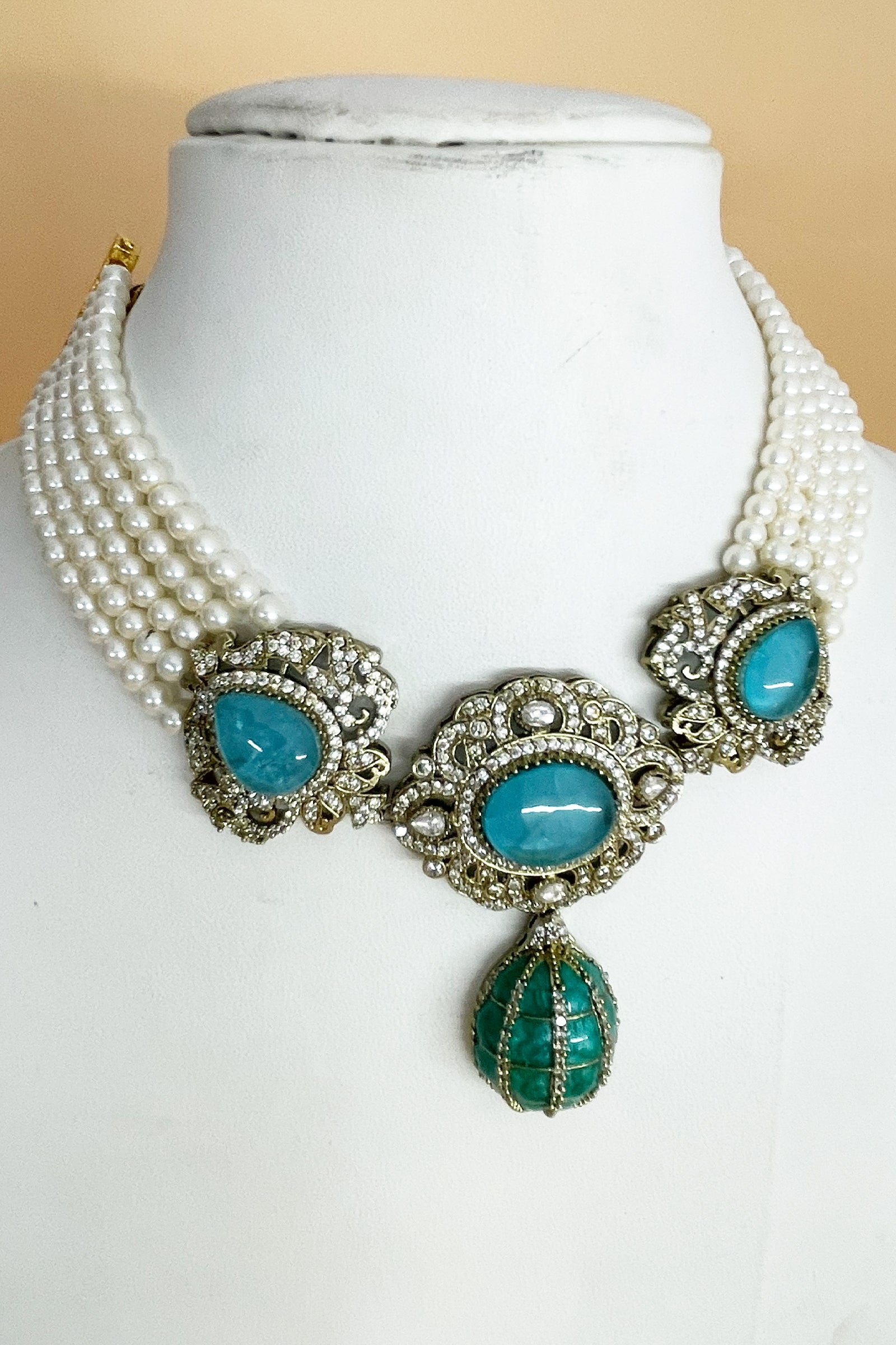 Turquoise Oval Stone Pearl Strand Necklace Set with Antique Golden Floral Detailing & Matching Drop Earrings