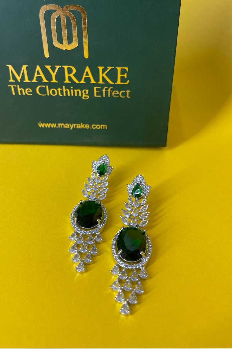 Green Silver-Tone Oval shaped American Diamond Necklace Set with Floral Motif