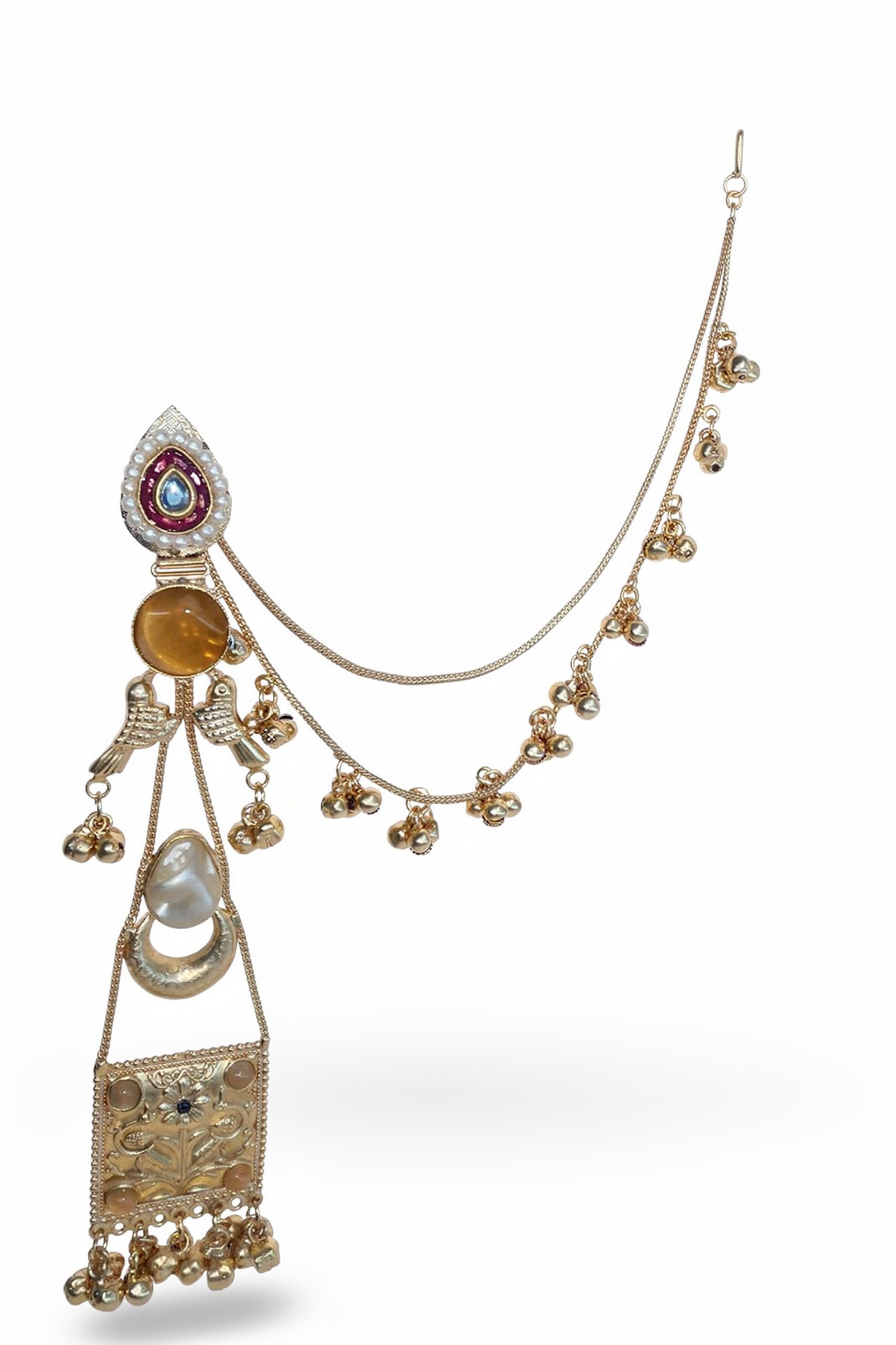 Gold-Tone Statement Earrings with Red Stone Top & Engraved Jhumka Panel with Ghungroo Drops