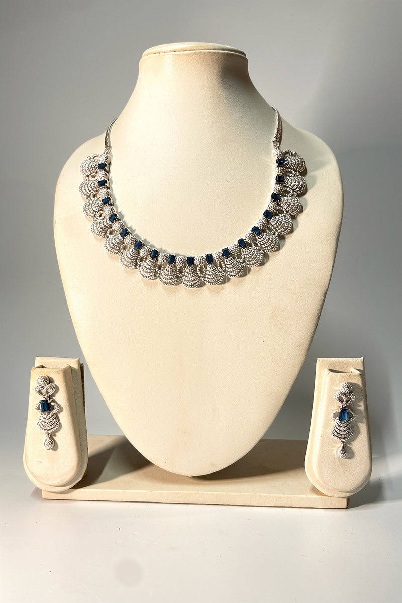 Midnight Blue Square-Cut Stone Necklace Set with Layered Diamond Fan Motif