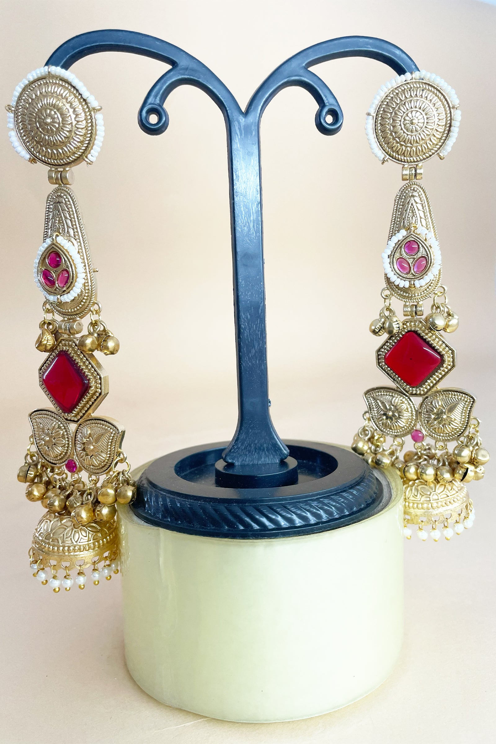 Red Stone Jhumka Earrings with Multi-Layer Pearl Chains