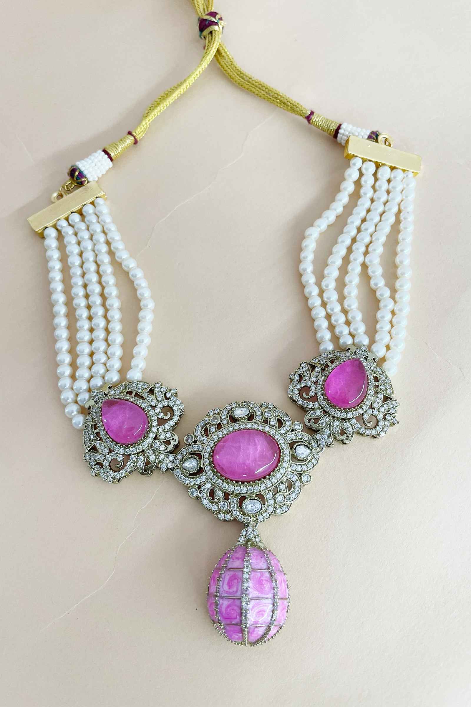 Rose Pink Oval Stone Pearl Strand Necklace Set with Antique Golden Floral Detailing & Matching Drop Earrings