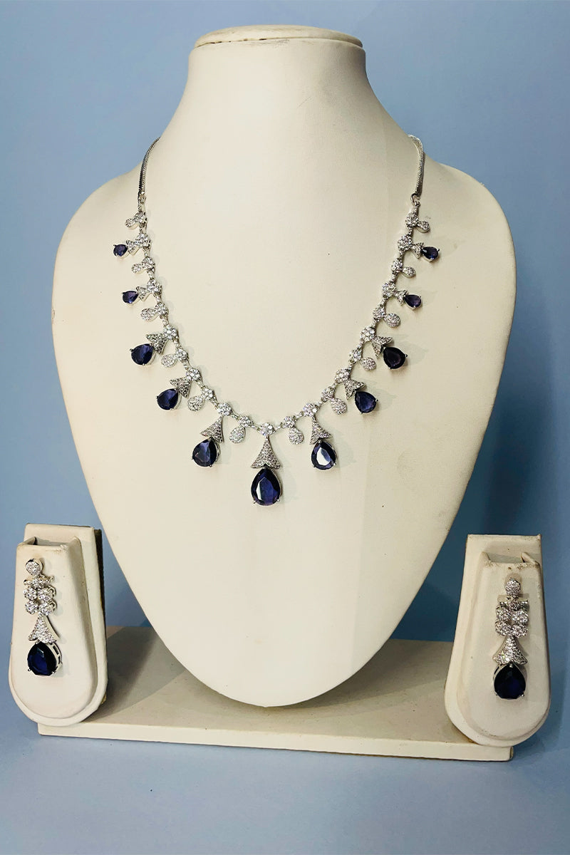Midnight Blue Teardrop Stone Necklace Set with Floral Diamond-Studded Detailing