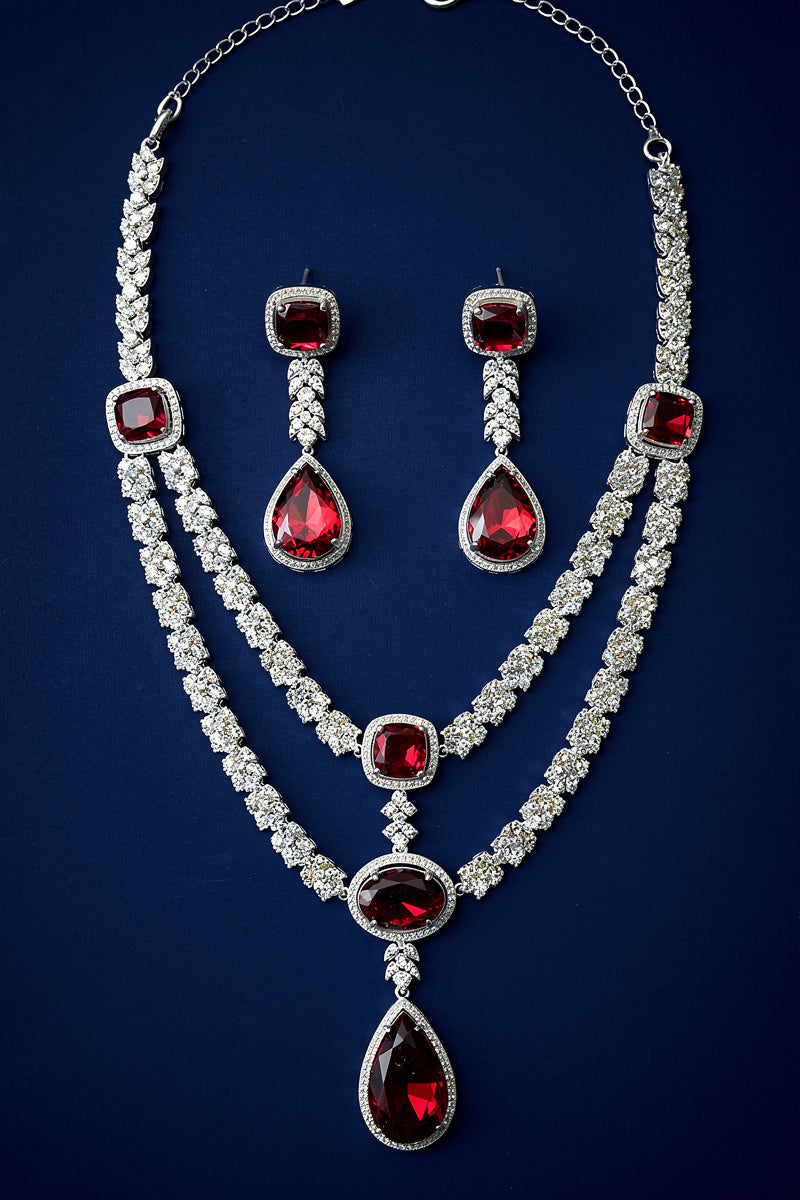Ruby Oval-Cut Necklace Set with American Diamond Detailing