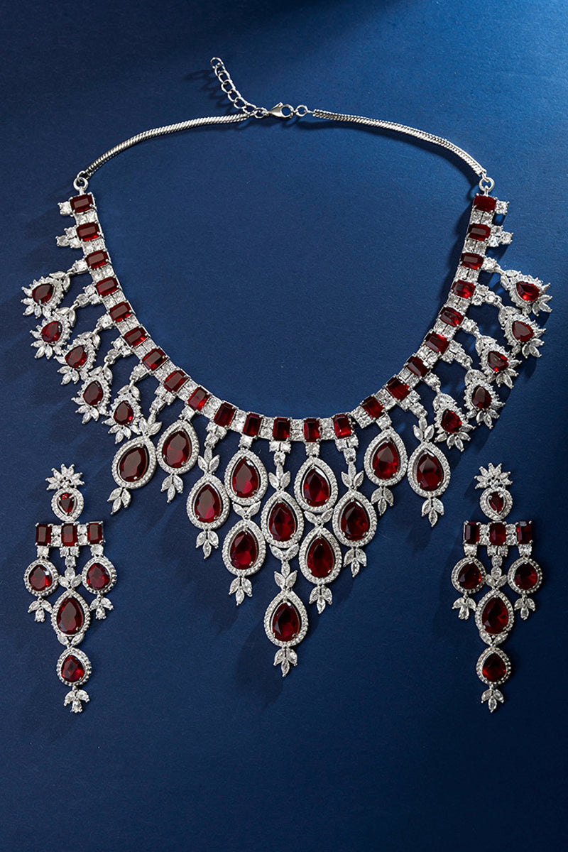 Royal Ruby Teardrop Diamond-Studded Statement Necklace with Cascading Drop Design