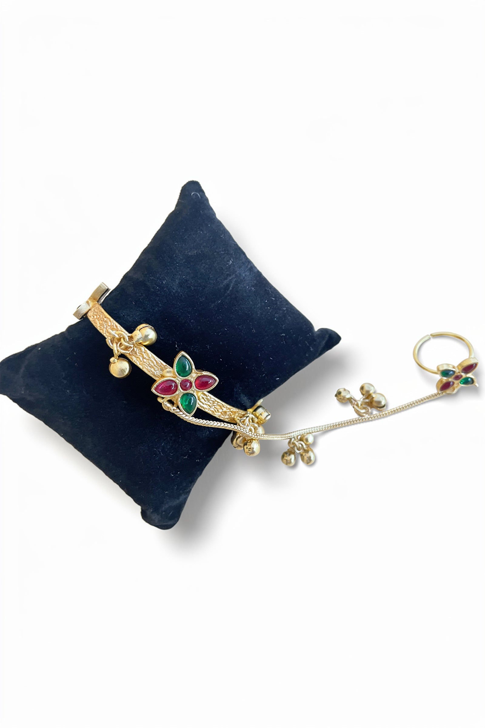 Royal Red & Green Stone Golden Hathphool Bracelet with Ring