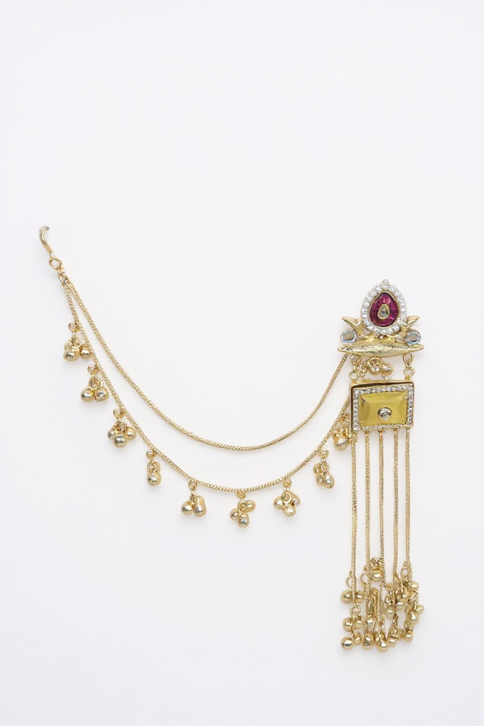 Gold-Tone Long Tassel Earrings with Pink Stone Top & Ghungroo Drops