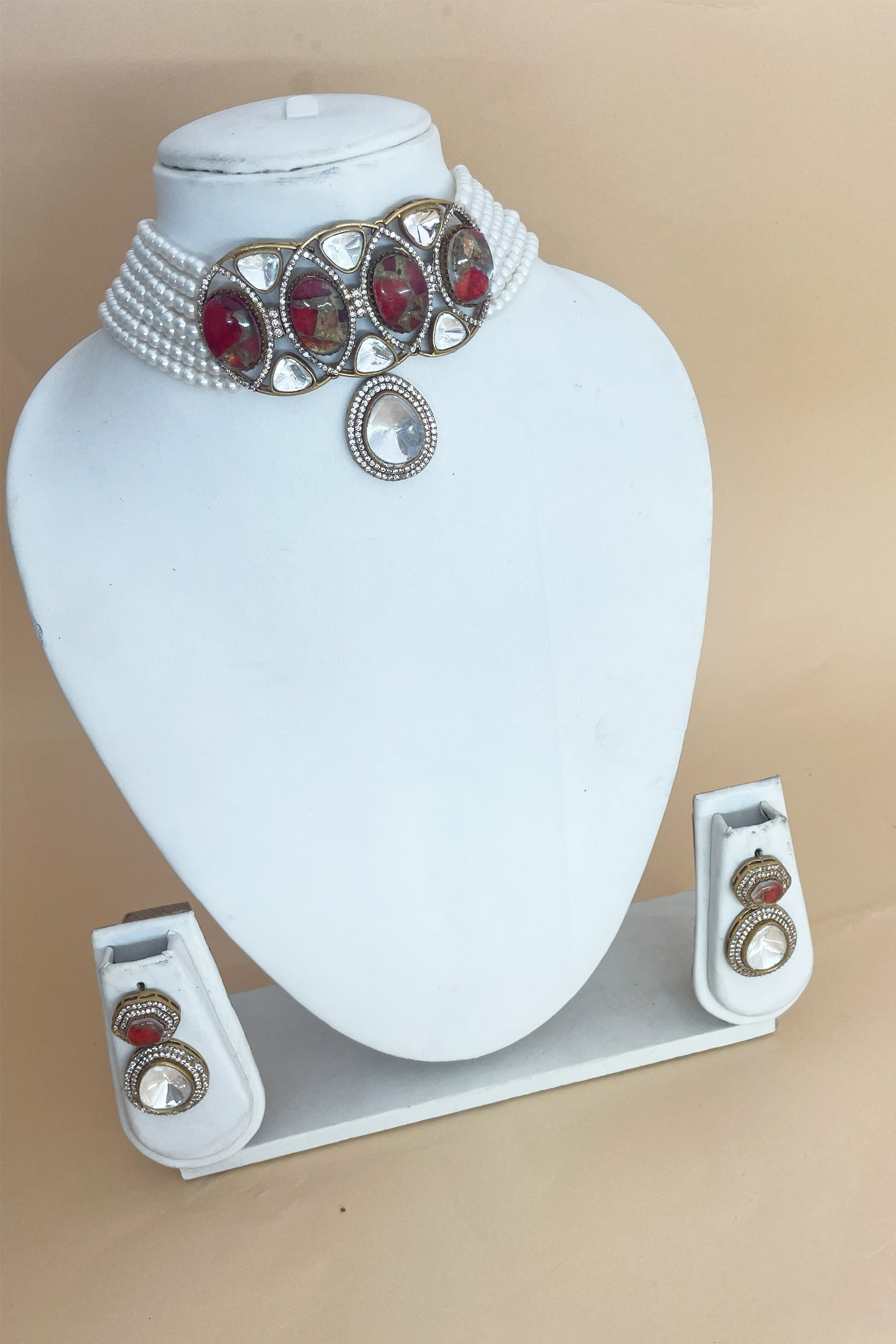 Pearl Multi-Strand Kundan Necklace Set with Red & White Teardrop Stones and Matching Earrings