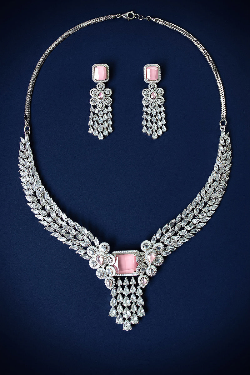 Pink Silver Tone American Diamond Necklace Set with Floral Motif