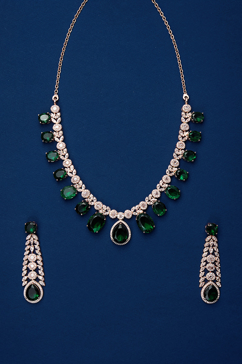 Sapphire Teardrop Stone Necklace Set with American Diamond Detailing