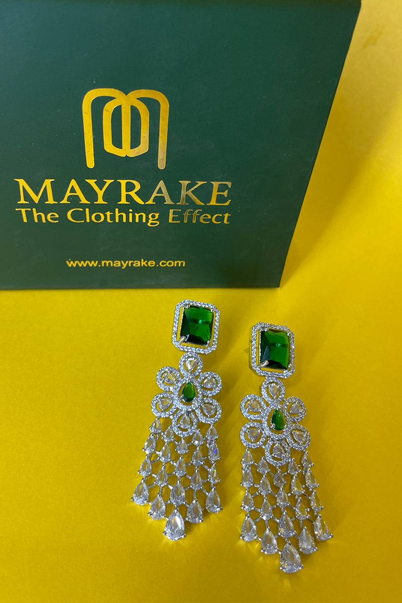 Green Silver Tone American Diamond Necklace Set with Floral Motif