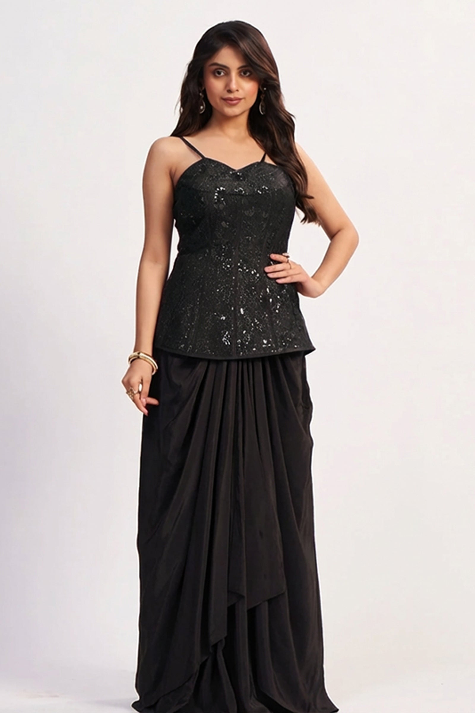 Black Crepe Silk Ready-to-Wear Drape Saree with Hand-Embroidered Sequin Corset Top