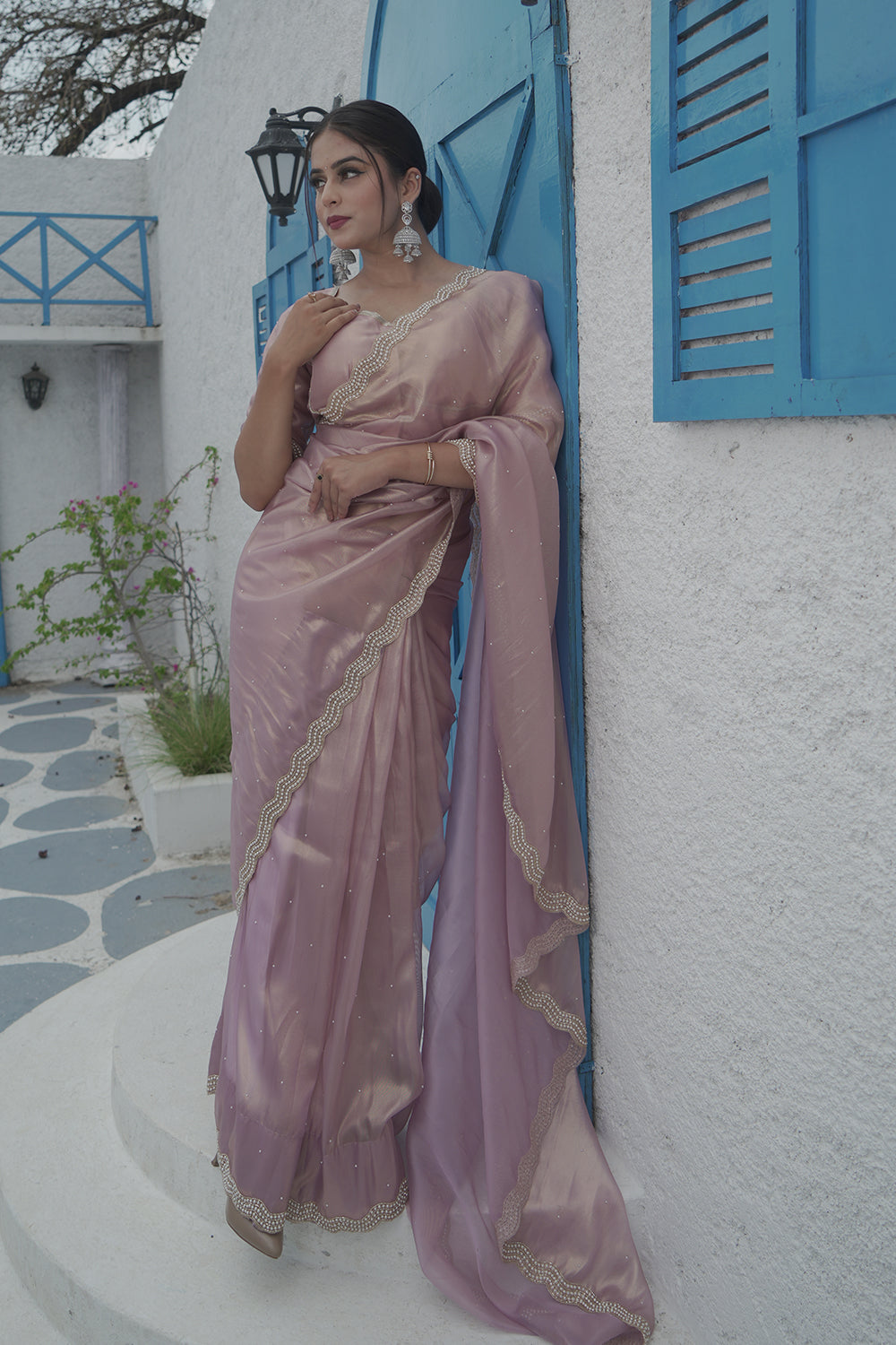 Lavender purple Organza Shimmer saree with pearl and sequin border