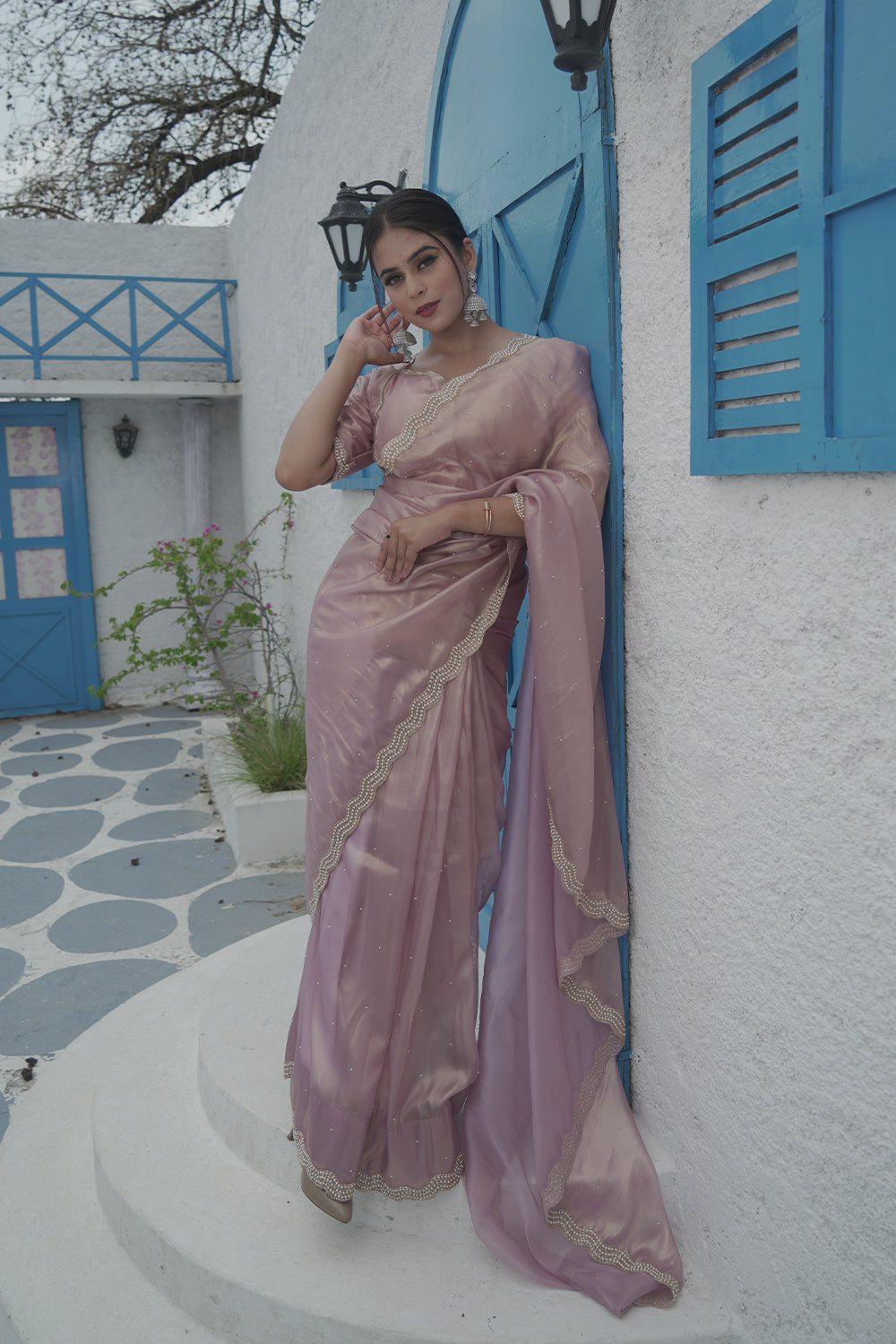 Sea Green Shimmer Organza Saree with Pearl and Sequin work