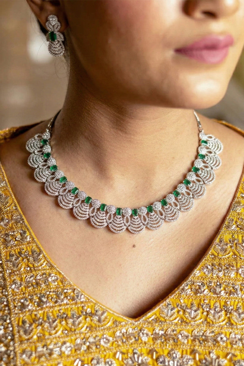 Green Square-Cut Stone Necklace Set with Layered Diamond Fan Motif