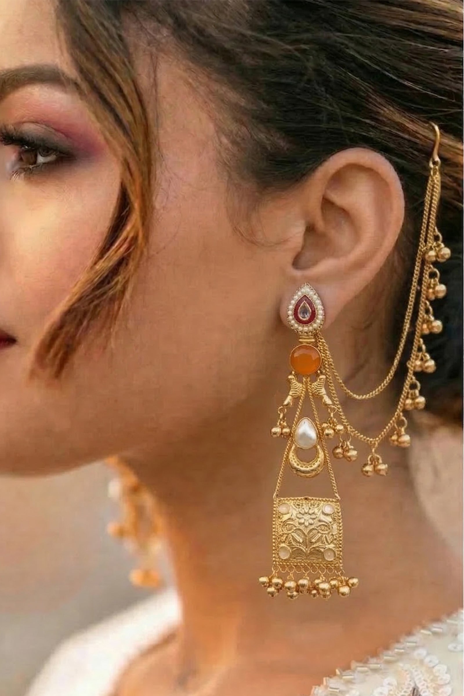 Gold-Tone Statement Earrings with Red Stone Top & Engraved Jhumka Panel with Ghungroo Drops