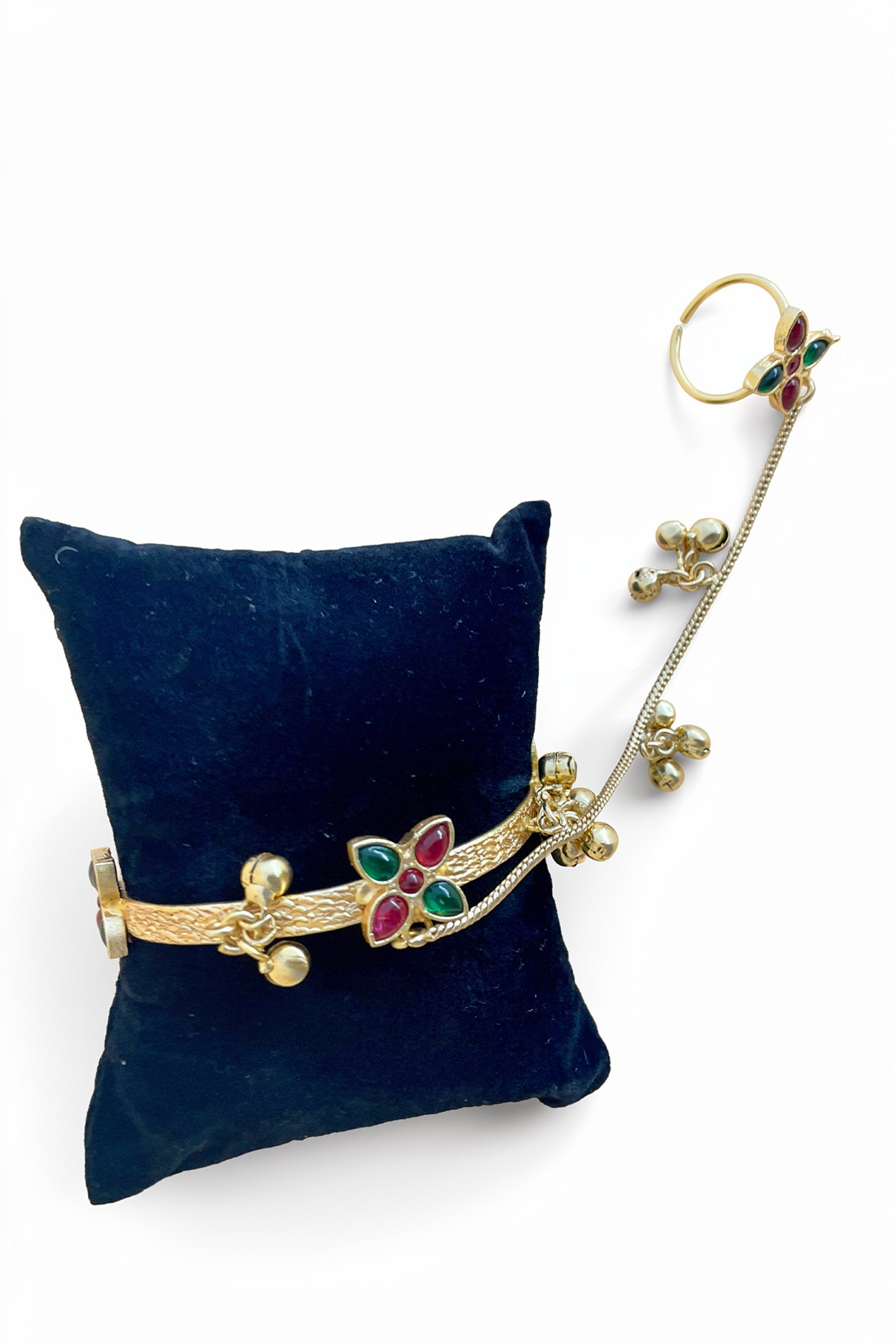 Royal Red & Green Stone Golden Hathphool Bracelet with Ring
