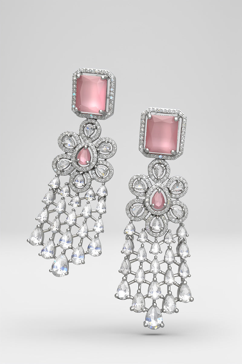 Pink Silver Tone American Diamond Necklace Set with Floral Motif