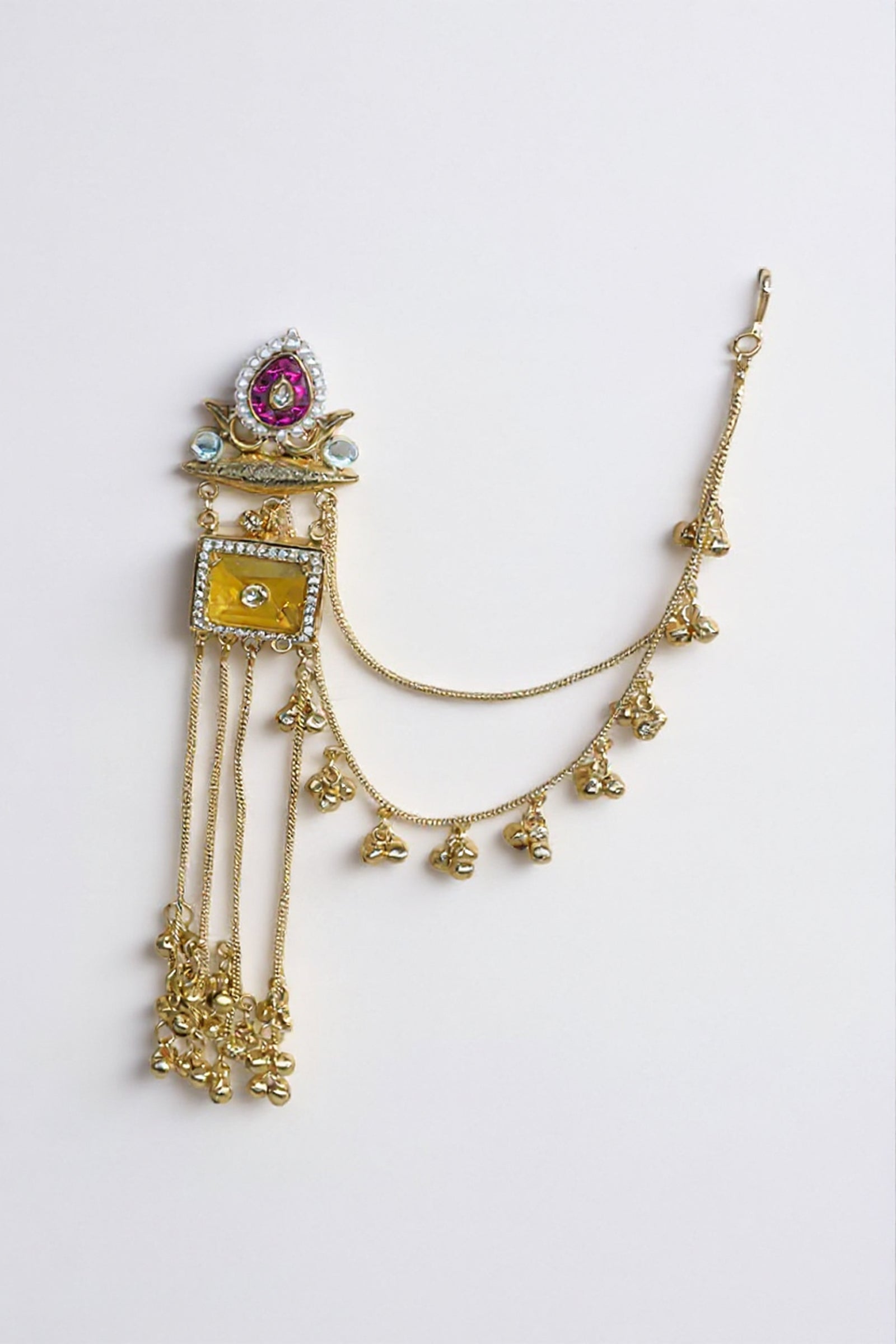 Gold-Tone Long Tassel Earrings with Pink Stone Top & Ghungroo Drops