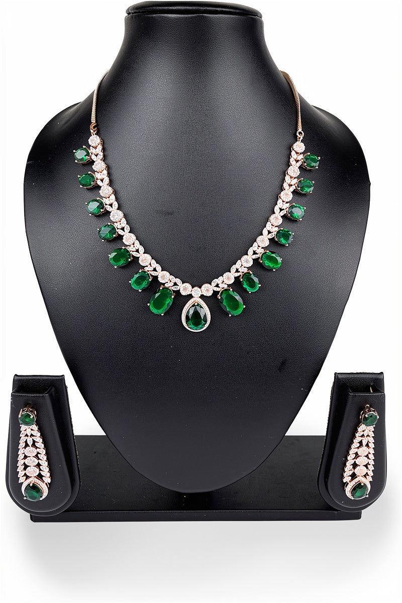 Sapphire Teardrop Stone Necklace Set with American Diamond Detailing