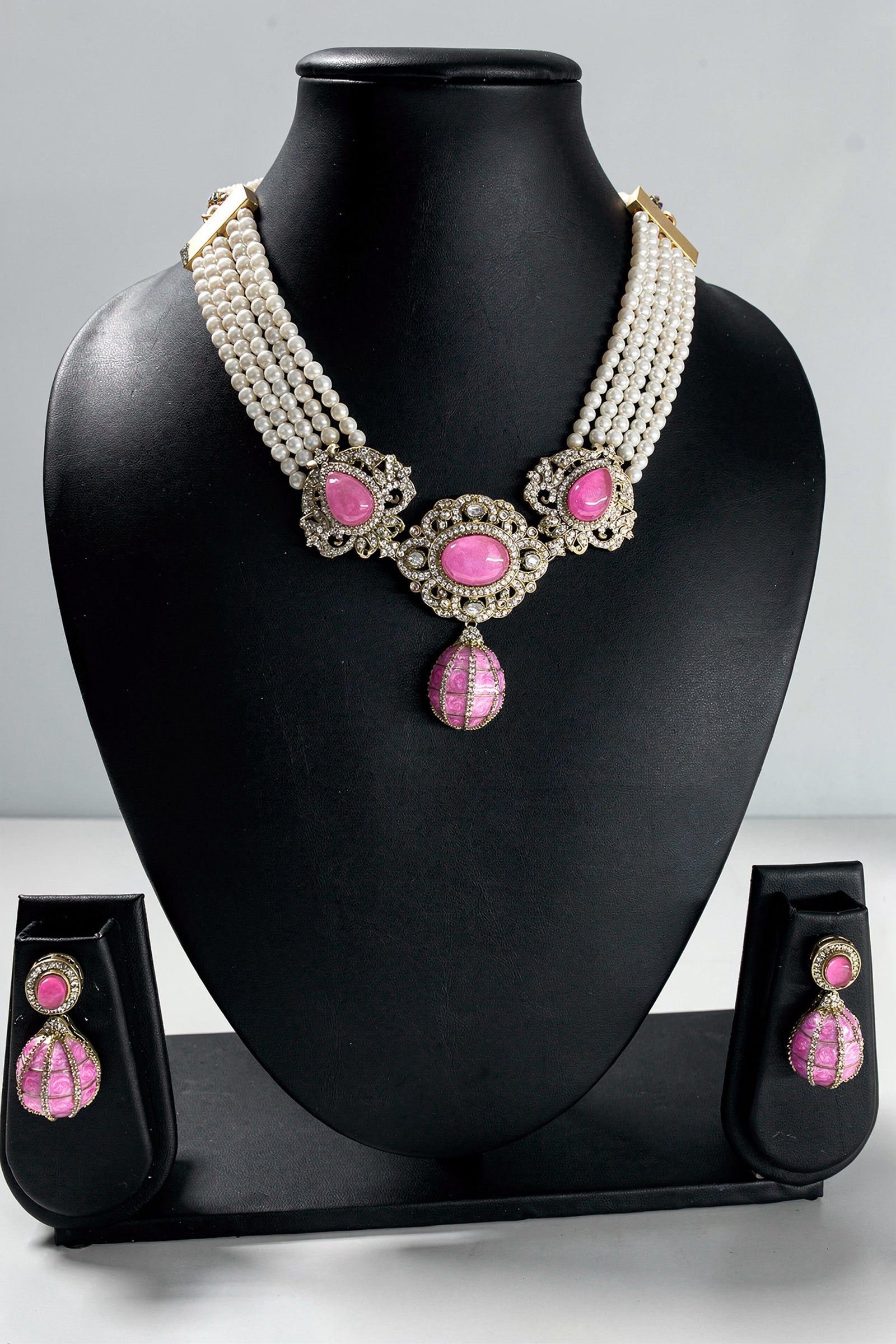 Rose Pink Oval Stone Pearl Strand Necklace Set with Antique Golden Floral Detailing & Matching Drop Earrings