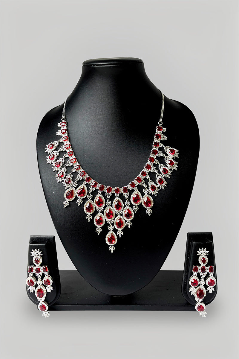 Royal Ruby Teardrop Diamond-Studded Statement Necklace with Cascading Drop Design