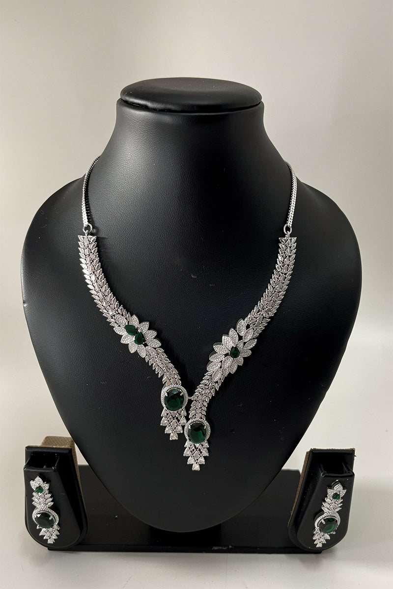 Green Silver-Tone Oval shaped American Diamond Necklace Set with Floral Motif
