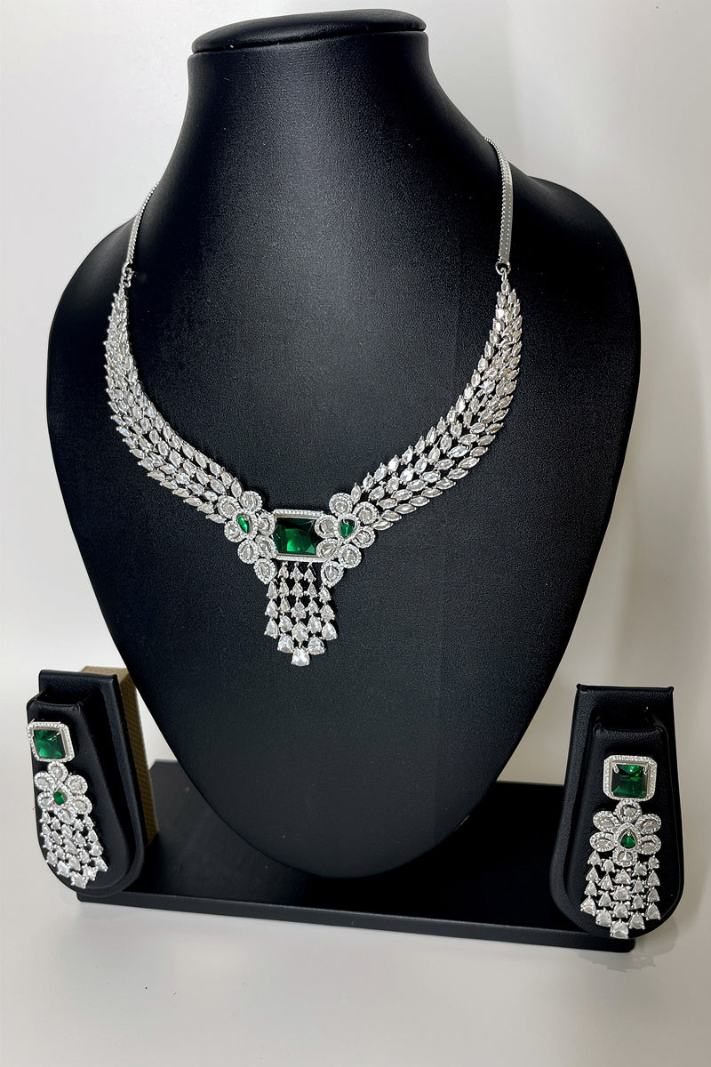 Green Silver Tone American Diamond Necklace Set with Floral Motif