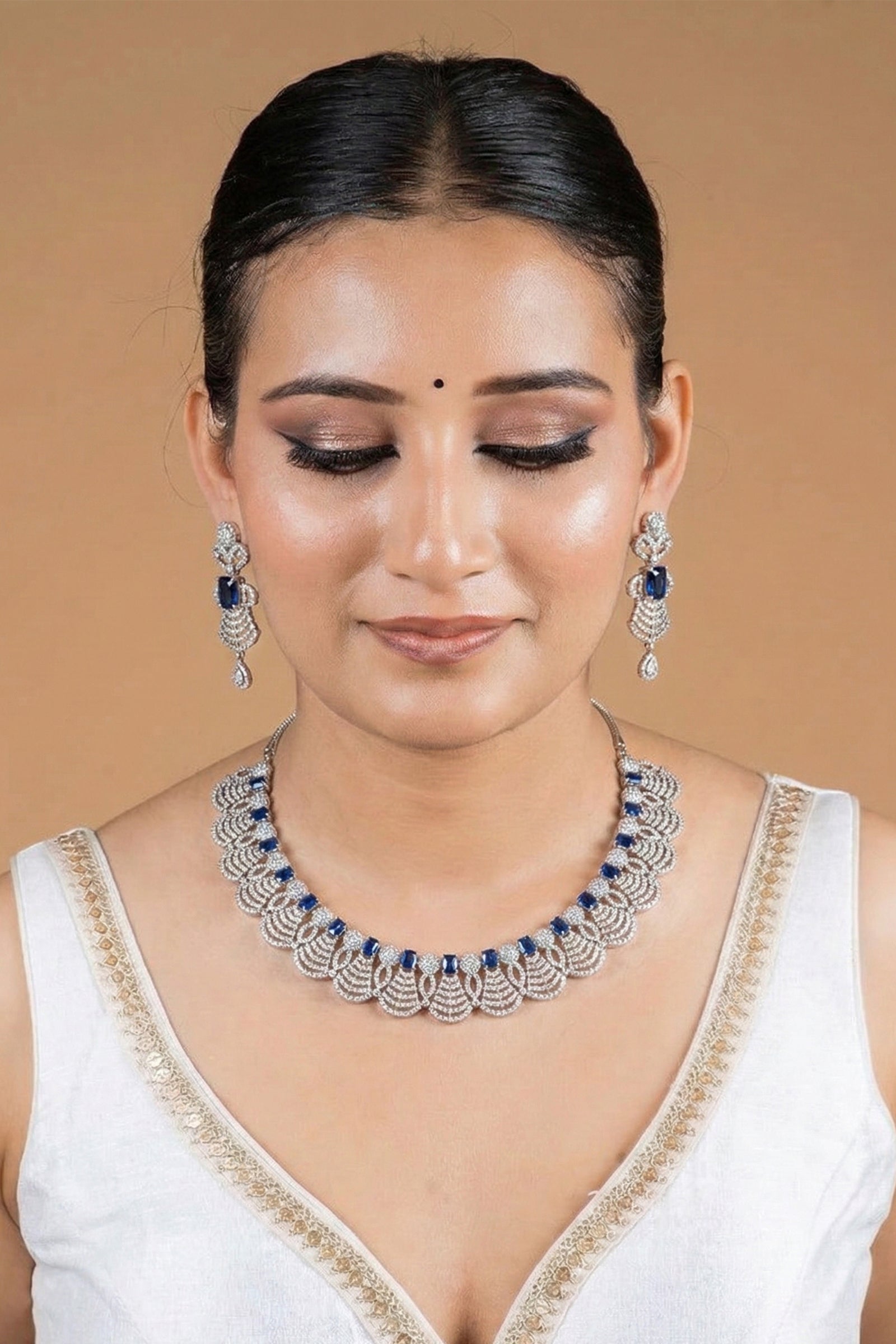 Midnight Blue Square-Cut Stone Necklace Set with Layered Diamond Fan Motif