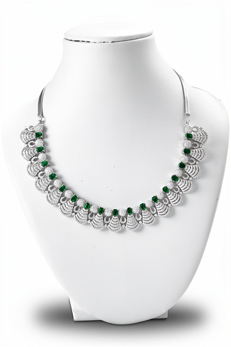 Green Square-Cut Stone Necklace Set with Layered Diamond Fan Motif