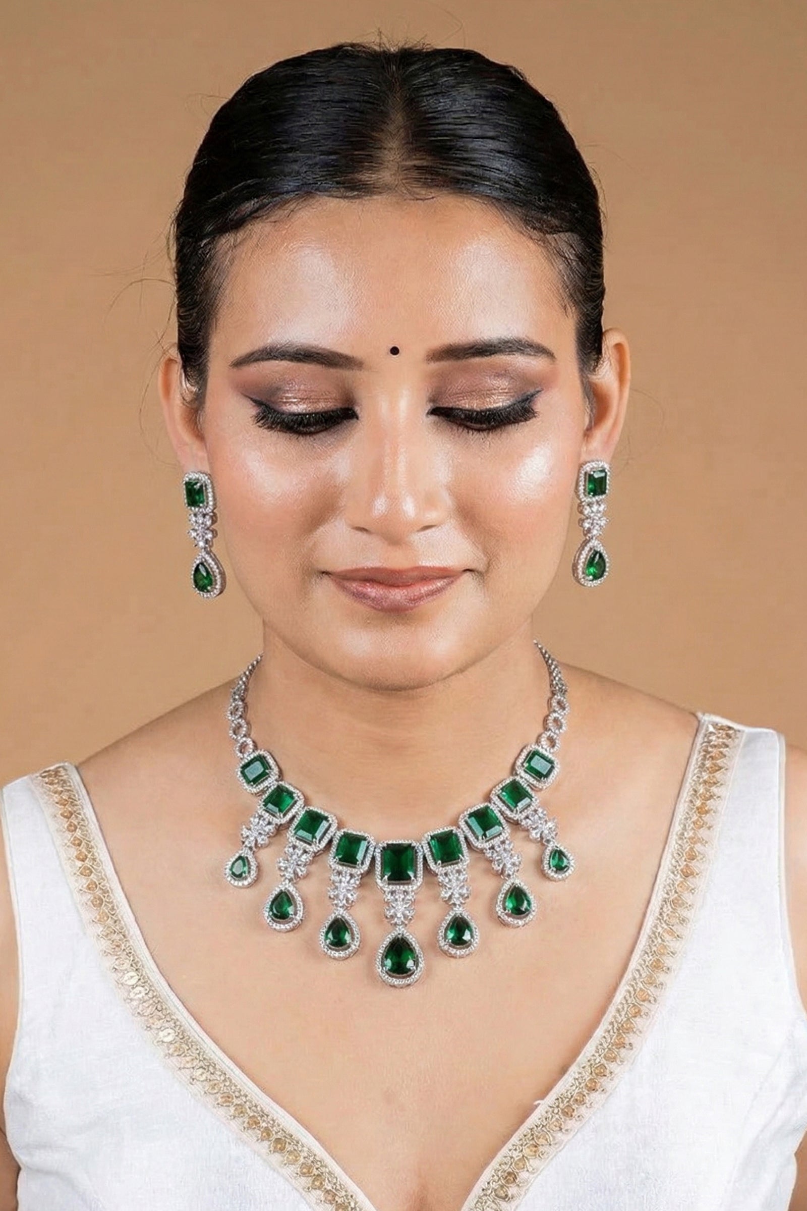 Emerald Stone Choker Necklace Set with Crystal Drop Detailing