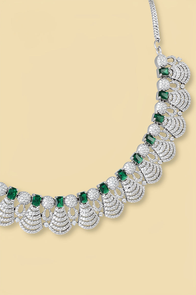 Green Square-Cut Stone Necklace Set with Layered Diamond Fan Motif
