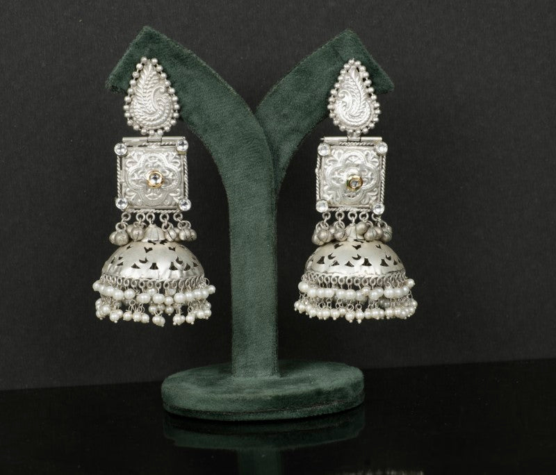 Elegant Oxidized Metal Hanging Pearls Jhumka Jewellery