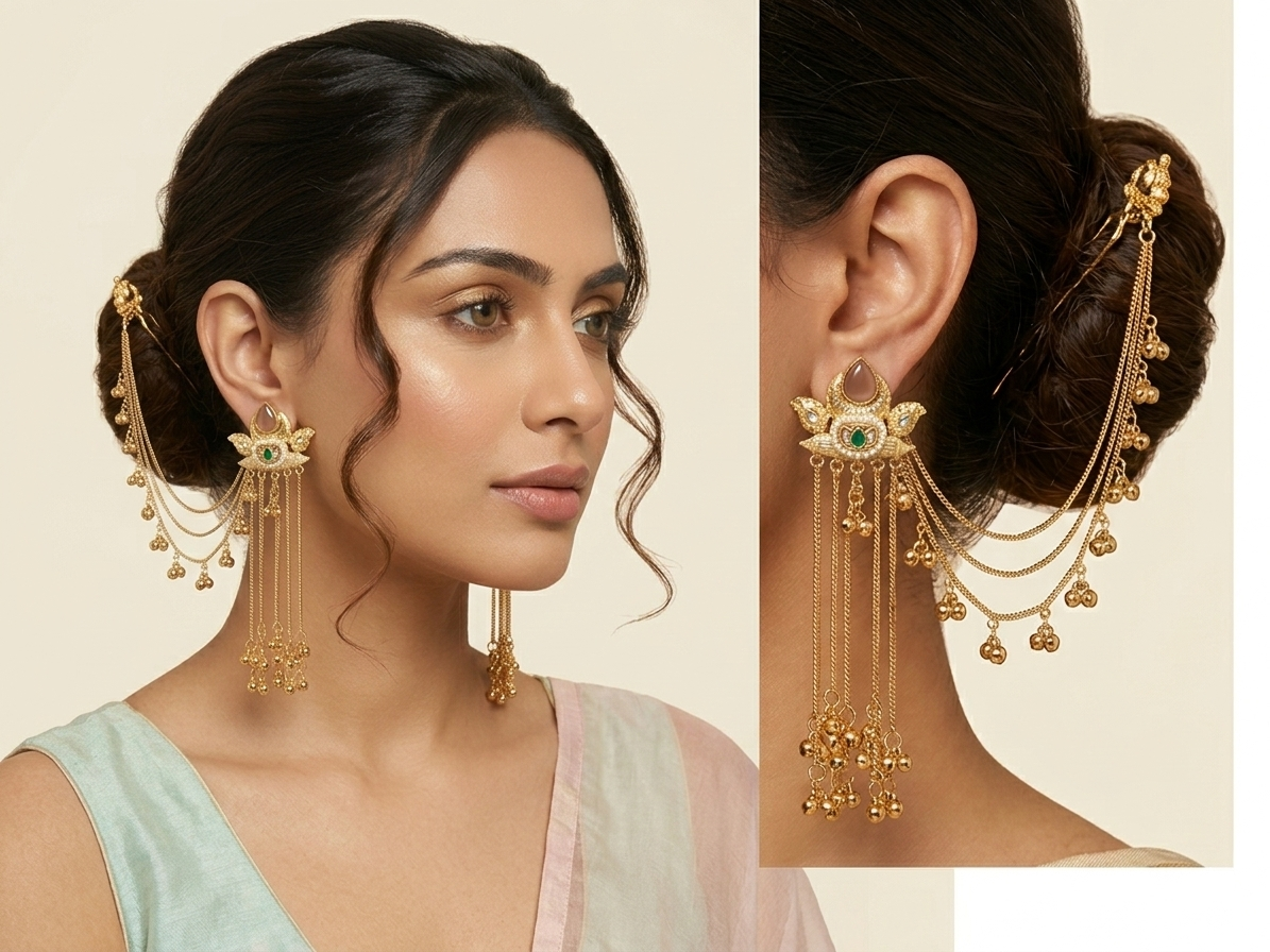 Antique Gold Kundan Earrings with Rose Pink Stone & Gold Tassels