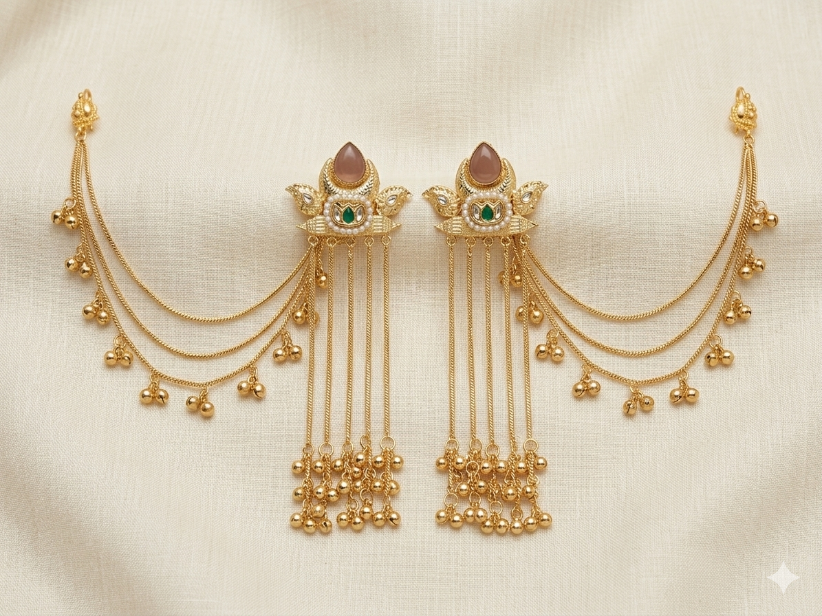 Antique Gold Kundan Earrings with Rose Pink Stone & Gold Tassels