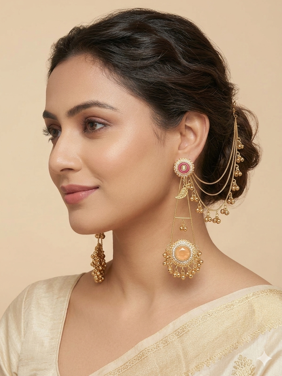 Antique Gold Kundan Pearl Drop Earrings with Handcrafted Work