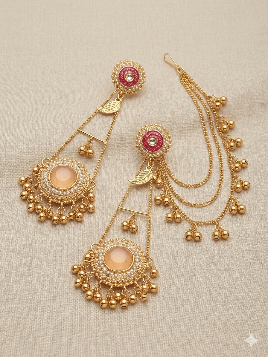 Antique Gold Kundan Pearl Drop Earrings with Handcrafted Work