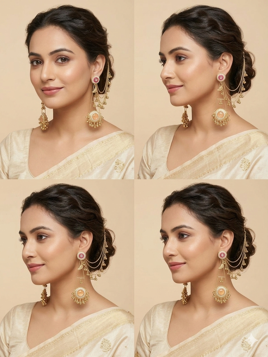 Antique Gold Kundan Pearl Drop Earrings with Handcrafted Work