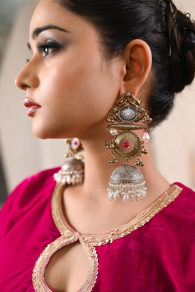 Antique Long Jhumkas with Mixed Metals and Teardrop Pearls - Mayrake - 