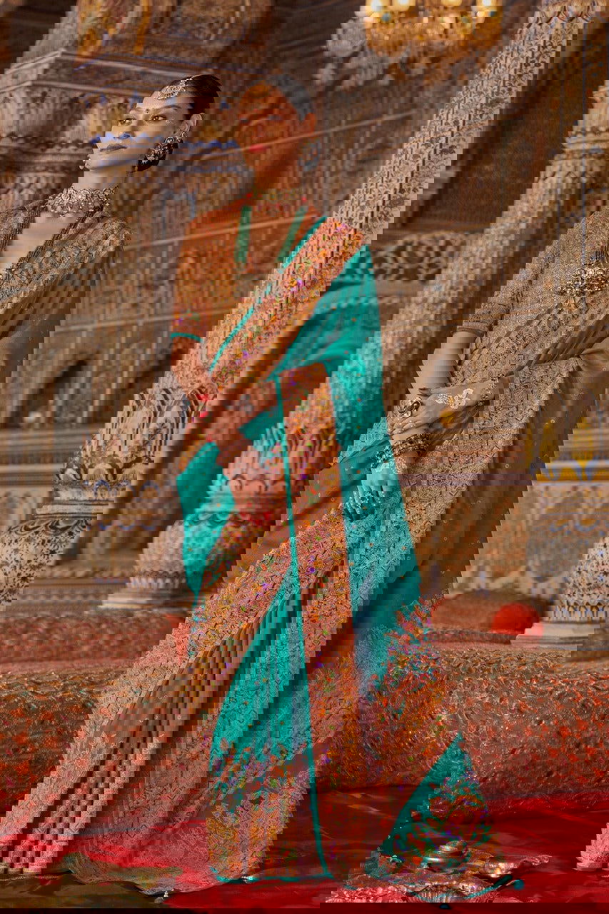 Aqua Blue Green Raw Silk Saree with Heritage Prints - Mayrake.in