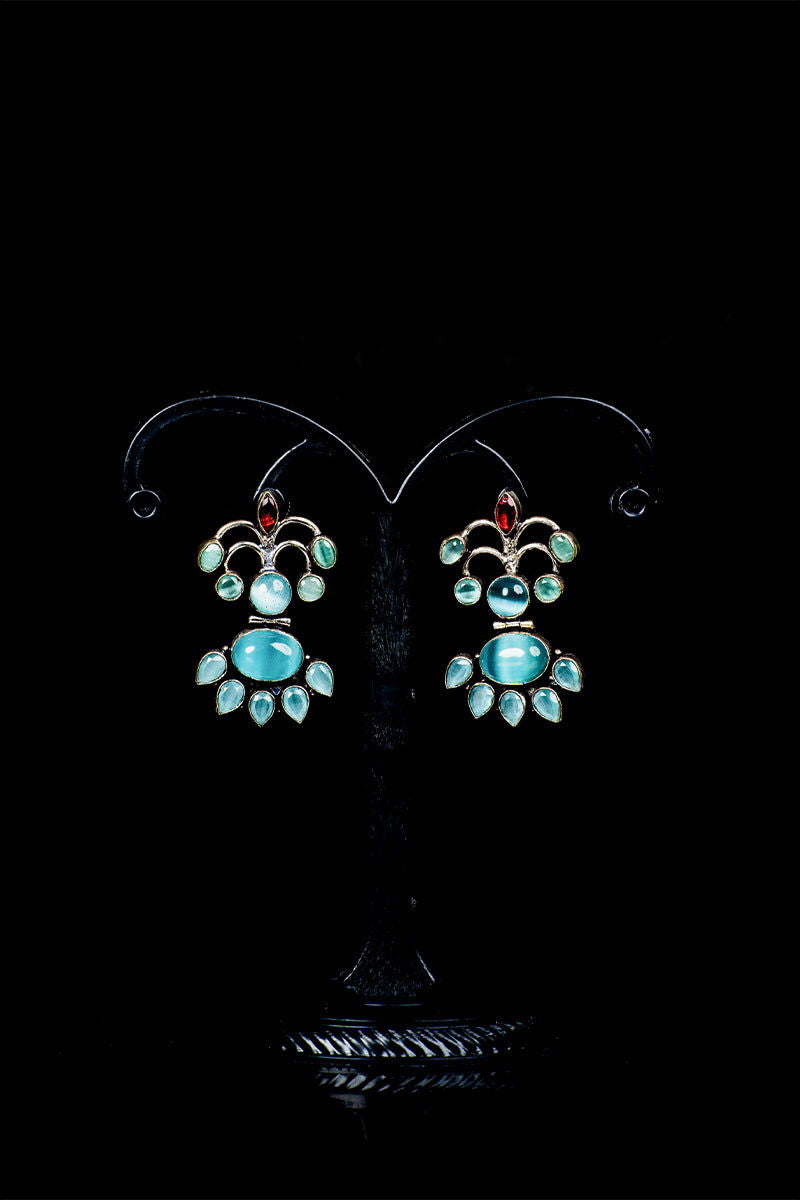 Aqua blue earrings with black metallic accents and colorful stones - Mayrake